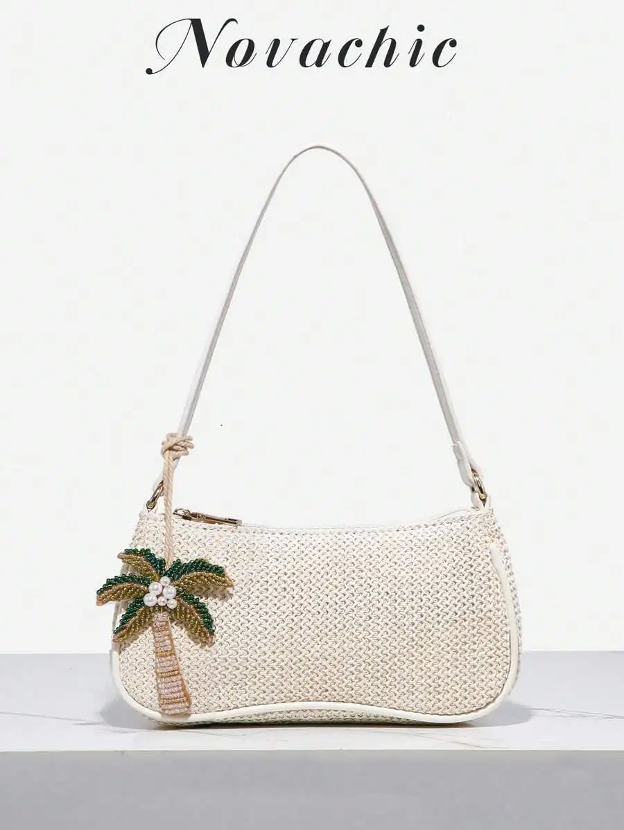Cream Woven Straw Shoulder Bag with Beaded Palm Tree Charm, Zipper Closure, Summer Beach Style
Cream Woven Straw Shoulder Bag with Beaded Palm Tree Charm, Zipper Closure, Summer Beach Style