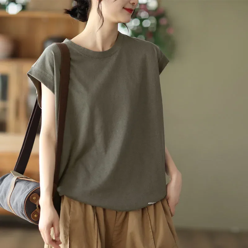 Women's Solid Cotton T-Shirt, Round Neck Cap Sleeve Loose Casual Summer Tee
Women's Solid Cotton T-Shirt, Round Neck Cap Sleeve Loose Casual Summer Tee