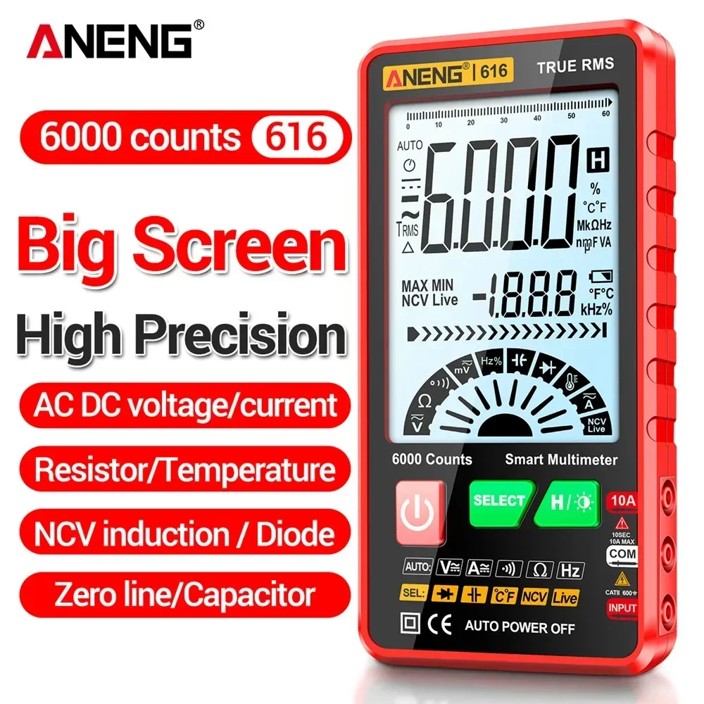 Цифровой мультиметр ANENG 616 с функцией Smart, 6000 измерений, измеритель напряжения AC/DC, детектор тока, измеритель емкости, профессиональный тестер.
Цифровой мультиметр ANENG 616 с функцией Smart, 6000 измерений, измеритель напряжения AC/DC, детектор тока, измеритель емкости, профессиональный тестер.