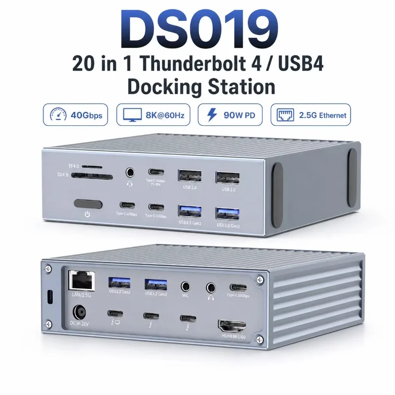 20 in 1 Thunderbolt 4 Docking Station USB4 40Gbps 8K HDMI 2.5G Ethernet PD90W Dual TB4 Hub DS019
20 in 1 Thunderbolt 4 Docking Station USB4 40Gbps 8K HDMI 2.5G Ethernet PD90W Dual TB4 Hub DS019