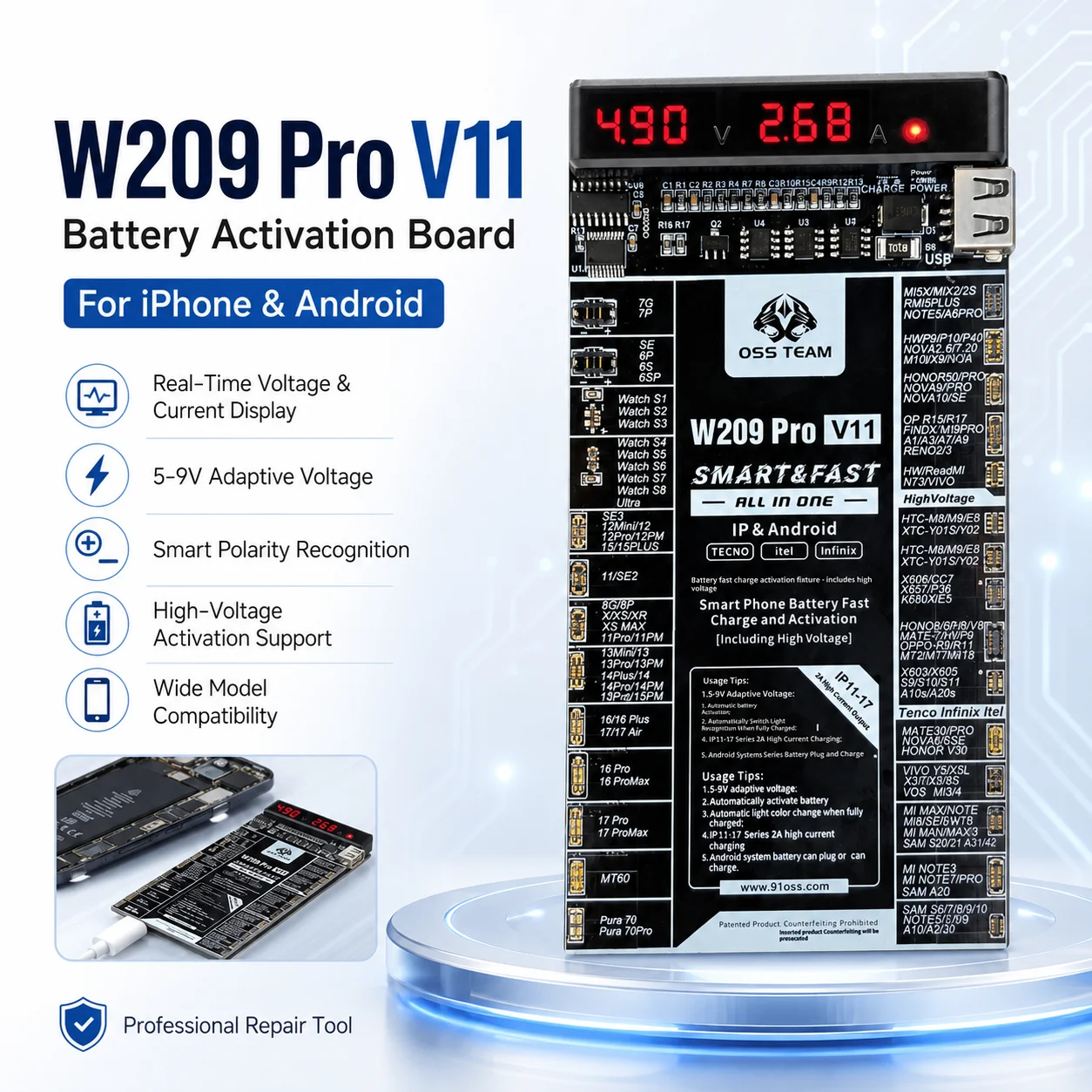 OSS V11 Battery Charging Activation Board for iPhone 6-17 Pro Max Android HW XM SAM Phone Battery Activator Repair Test Tool Kit
OSS V11 Battery Charging Activation Board for iPhone 6-17 Pro Max Android HW XM SAM Phone Battery Activator Repair Test Tool Kit