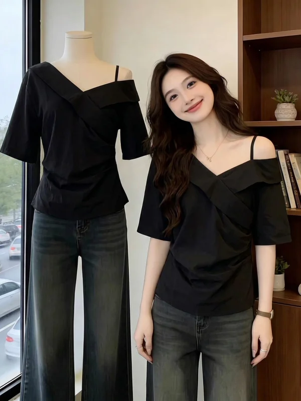 Elegant Black Asymmetrical Shoulder Short Sleeve Women's Shirt Summer 2026 New plus Size Korean Style Commute Wind Loose Fit
Elegant Black Asymmetrical Shoulder Short Sleeve Women's Shirt Summer 2026 New plus Size Korean Style Commute Wind Loose Fit