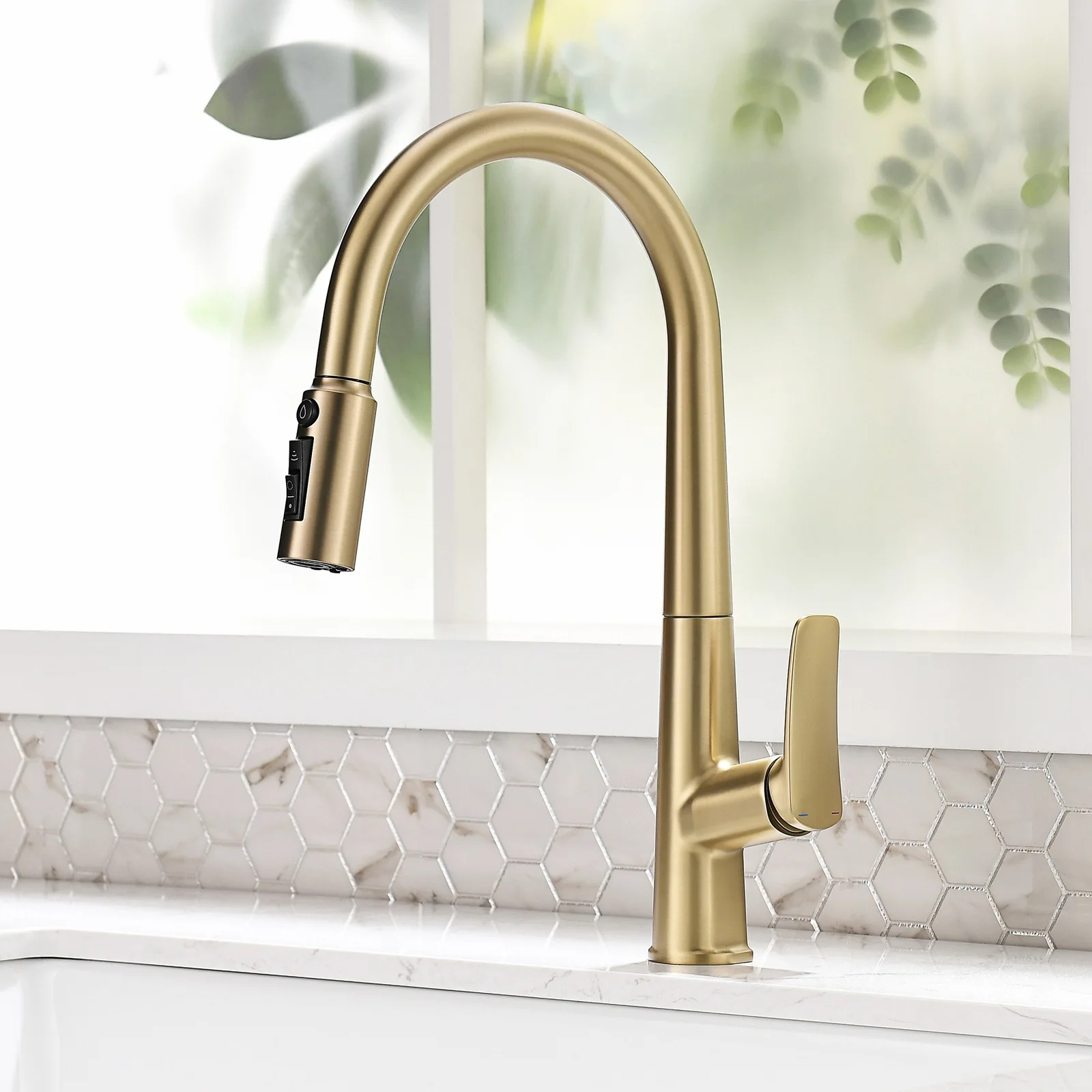 Brushed Gold Pull Out Kitchen Faucet Hot Cold Water Tap with Flexible Hose
Brushed Gold Pull Out Kitchen Faucet Hot Cold Water Tap with Flexible Hose