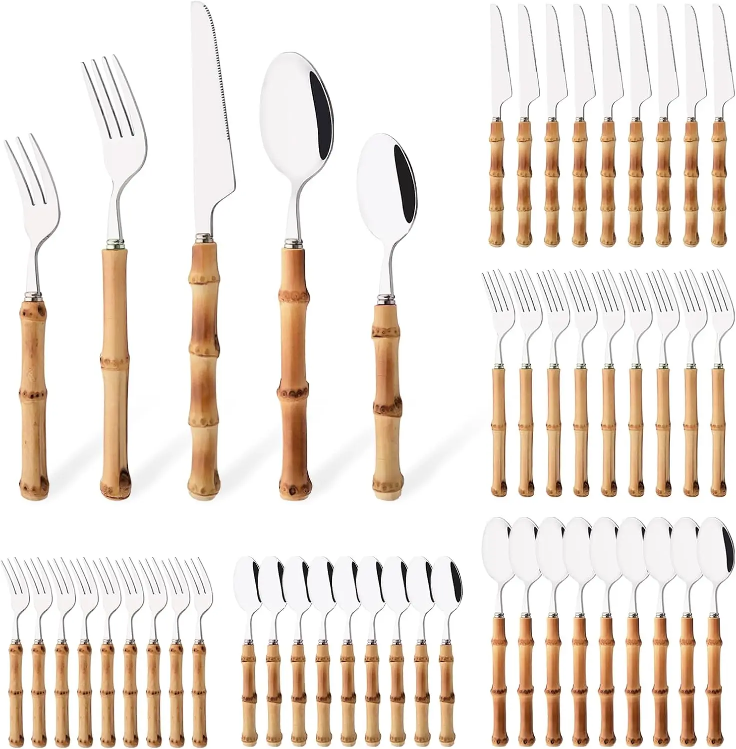 50-Piece Bamboo Handle Flatware Set, Stainless Steel Cutlery for Home and Parties
50-Piece Bamboo Handle Flatware Set, Stainless Steel Cutlery for Home and Parties