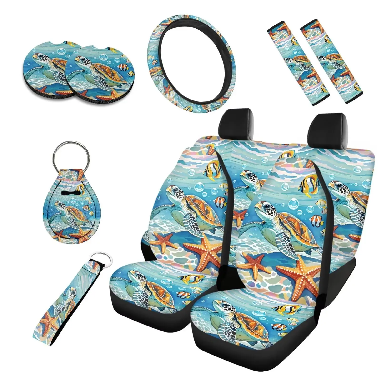 10-Piece Universal Car Interior Set With Sea Turtle Pattern Seat Covers, Steering Wheel Cover, Seatbelt Pads, Coasters And
10-Piece Universal Car Interior Set With Sea Turtle Pattern Seat Covers, Steering Wheel Cover, Seatbelt Pads, Coasters And