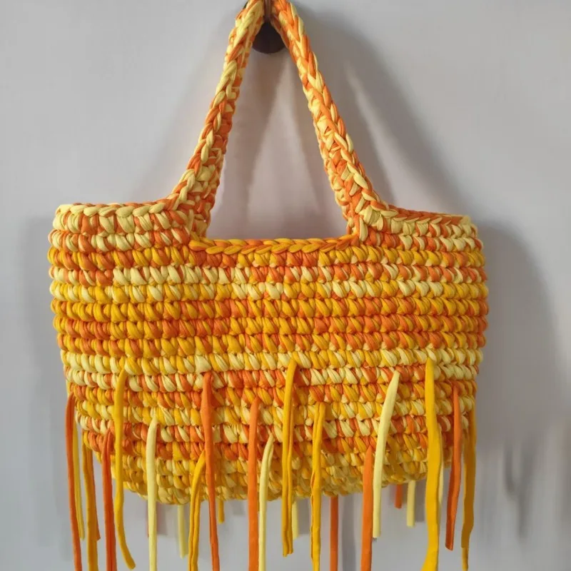 Fashionable Handmade Yellow Crochet Handbag Tassel Design Women Large Capacity Colorful Striped Woven Tote Bag Summer Daily Use
Fashionable Handmade Yellow Crochet Handbag Tassel Design Women Large Capacity Colorful Striped Woven Tote Bag Summer Daily Use