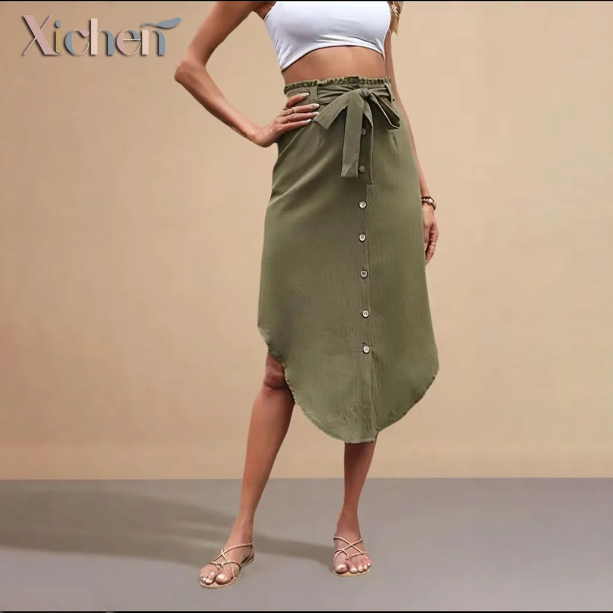 Women's Elegant Stretchy Midi Skirt - High Waist Polyester Spandex with Adjustable Drawstring, Retro Buttons & Irregular Hem for
Women's Elegant Stretchy Midi Skirt - High Waist Polyester Spandex with Adjustable Drawstring, Retro Buttons & Irregular Hem for