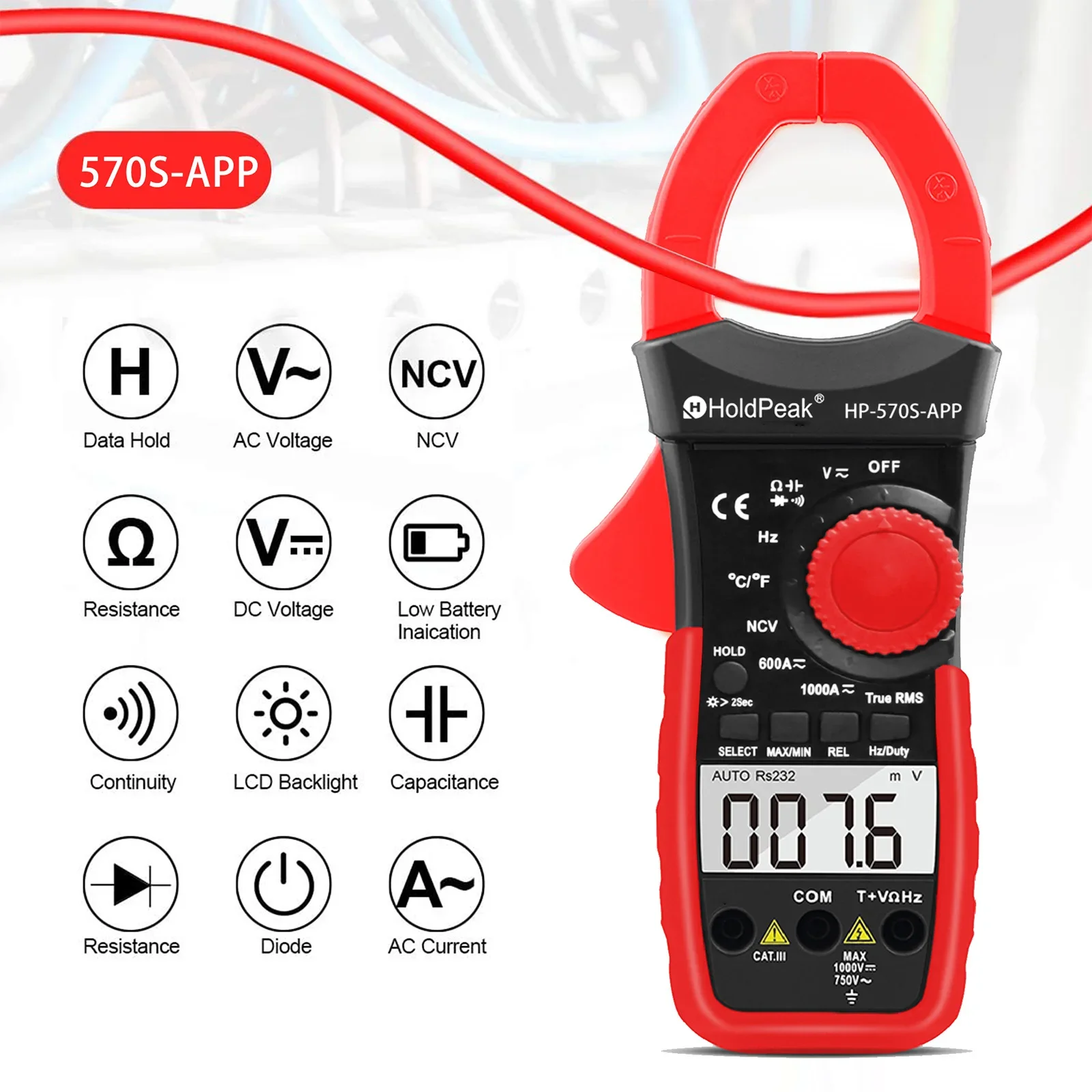 HOLDPEAK HP-570S-APP 6000 Counts Bluetooth Clamp Meter,NCV Multimeter Continuity Auto-Range for AC&DC Voltage Current Resistance
HOLDPEAK HP-570S-APP 6000 Counts Bluetooth Clamp Meter,NCV Multimeter Continuity Auto-Range for AC&DC Voltage Current Resistance