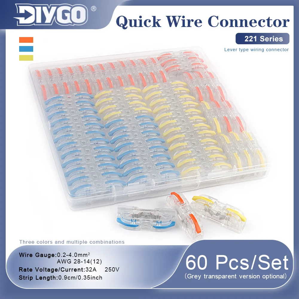 60Pcs 221 Series 1 In 1 Out Quick Wire Connector Lever Type Terminal Block 0.2-4mm² 32A 250V Electrical Cable Splicing Connector
60Pcs 221 Series 1 In 1 Out Quick Wire Connector Lever Type Terminal Block 0.2-4mm² 32A 250V Electrical Cable Splicing Connector