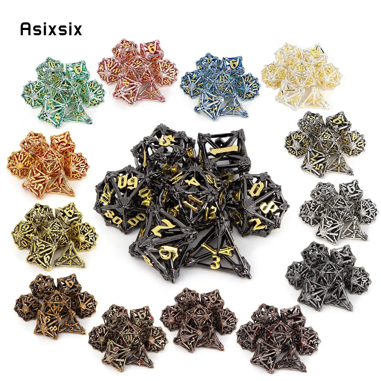 7 Pcs All Kinds of Color Leaf Flower Metal Dice Hollow Metal Polyhedral Dice Set Suitable for Role-Playing RPG Board Game
7 Pcs All Kinds of Color Leaf Flower Metal Dice Hollow Metal Polyhedral Dice Set Suitable for Role-Playing RPG Board Game