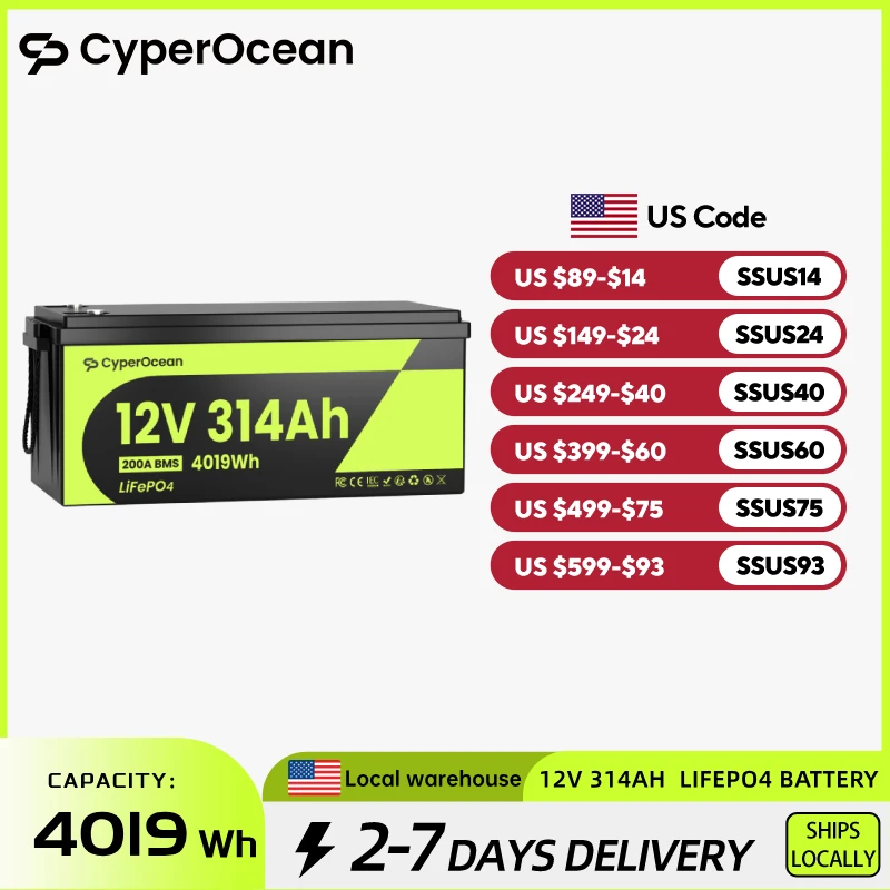 CyperOcean 12V 314Ah LiFePO4 Lithium Battery Low-Temp Protect Built-in 200A BMS 15000 Cycles For Vans,Golf Cart,Boat,RV,Camp
CyperOcean 12V 314Ah LiFePO4 Lithium Battery Low-Temp Protect Built-in 200A BMS 15000 Cycles For Vans,Golf Cart,Boat,RV,Camp