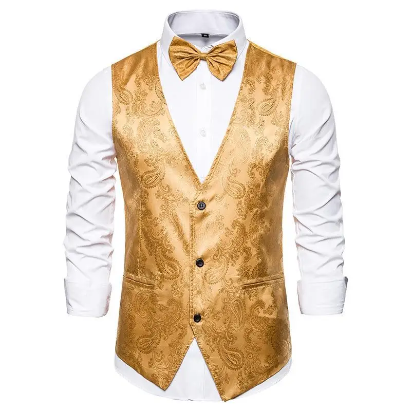 Mens Gold Suit Vests with Bow Tie Single-Breasted Dress Vest Night Club Stage Show Business Slim Fit V-Neck Sleeveless Waistcoat
Mens Gold Suit Vests with Bow Tie Single-Breasted Dress Vest Night Club Stage Show Business Slim Fit V-Neck Sleeveless Waistcoat