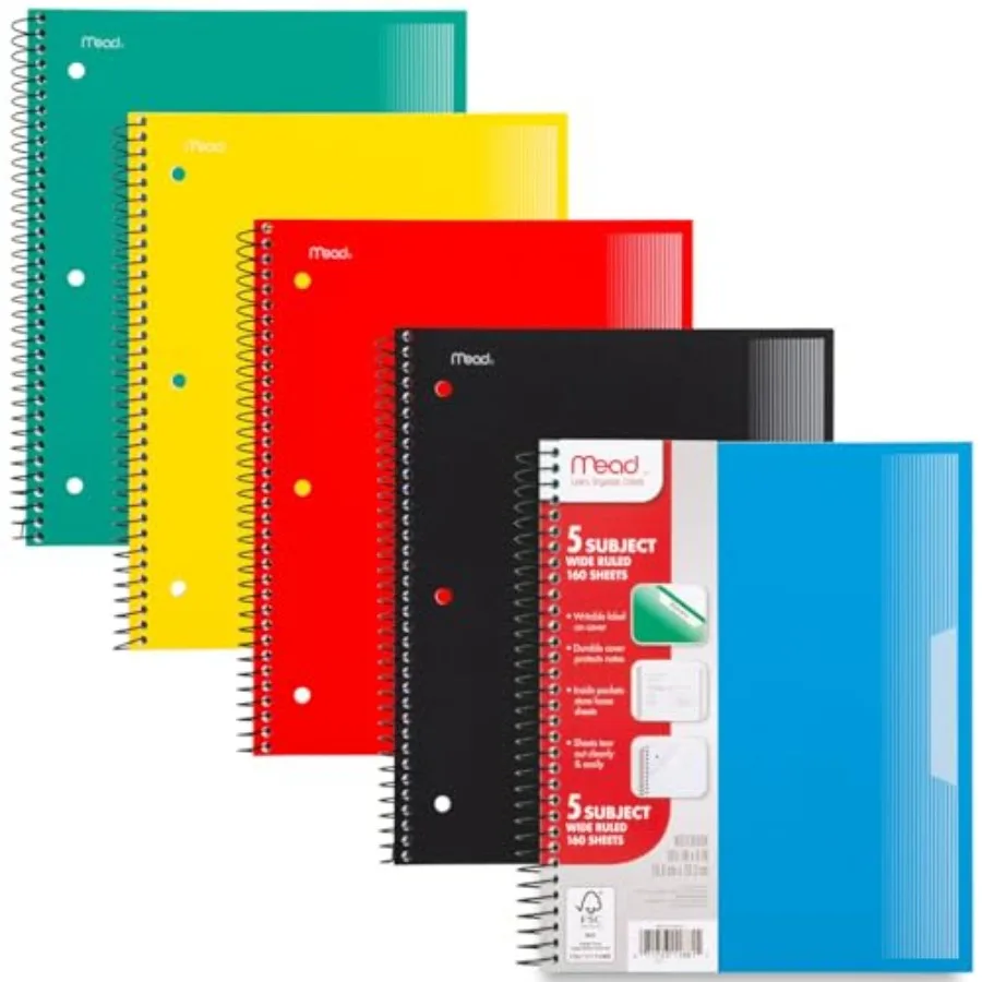 Spiral Notebook,,5 Subject, Paper, Plastic Cover, 8" x 10-1/2", 160 Sheets per Notebook,,Red, Blue, Green and Yellow 930101A-EC
Spiral Notebook,,5 Subject, Paper, Plastic Cover, 8" x 10-1/2", 160 Sheets per Notebook,,Red, Blue, Green and Yellow 930101A-EC