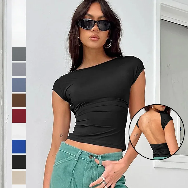 Women's O-neck Backless T-shirt Short Sleeve Solid Color Crop Top Summer Cute Tee Y2K Clothes Bodycon Tunics Fashion Tank
Women's O-neck Backless T-shirt Short Sleeve Solid Color Crop Top Summer Cute Tee Y2K Clothes Bodycon Tunics Fashion Tank