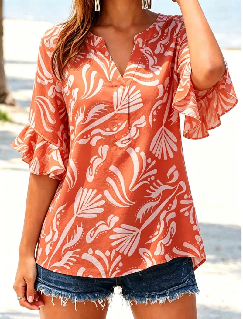 Ladies' Bohemian palm print V-neck top with loose ruffled sleeves, suitable for daily wear, beach parties, and vacation travel
Ladies' Bohemian palm print V-neck top with loose ruffled sleeves, suitable for daily wear, beach parties, and vacation travel