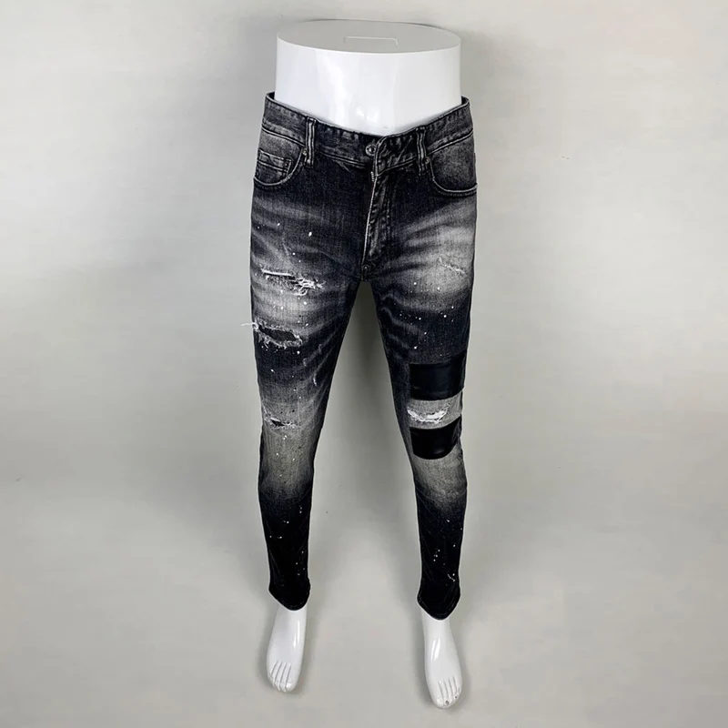 High Street Fashion Men Jeans Stretch Slim Fit Retro Black Gray Ripped Jeans Men Leather Patched Designer Hip Hop Brand Pants
High Street Fashion Men Jeans Stretch Slim Fit Retro Black Gray Ripped Jeans Men Leather Patched Designer Hip Hop Brand Pants