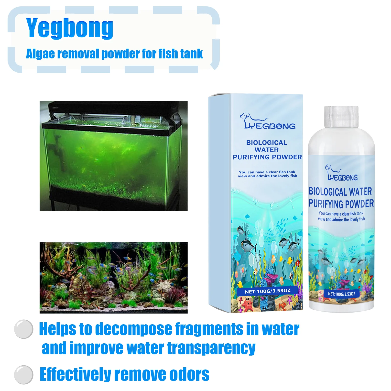 100g Biological Water Purifying Powder Clean Fish Tank, Remove Moss and Algae, Purify Water, Instant Algae Removal Powder
100g Biological Water Purifying Powder Clean Fish Tank, Remove Moss and Algae, Purify Water, Instant Algae Removal Powder