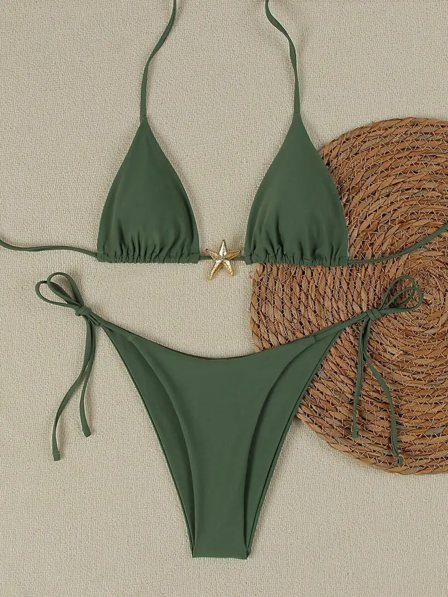 Olive Green Triangle Bikini Set Featuring Gold Starfish Accent, Adjustable Straps, High-Stretch Quick-Dry Fabric For Beach And
Olive Green Triangle Bikini Set Featuring Gold Starfish Accent, Adjustable Straps, High-Stretch Quick-Dry Fabric For Beach And