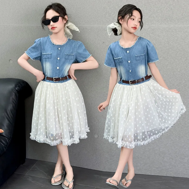New Summer Kids Fashion Mesh Denim Patchwork Dress with Belt for Tweens Girls Elegant Outfit Age 4 5 6 7 8 9 10 11 12 13 14 Year
New Summer Kids Fashion Mesh Denim Patchwork Dress with Belt for Tweens Girls Elegant Outfit Age 4 5 6 7 8 9 10 11 12 13 14 Year