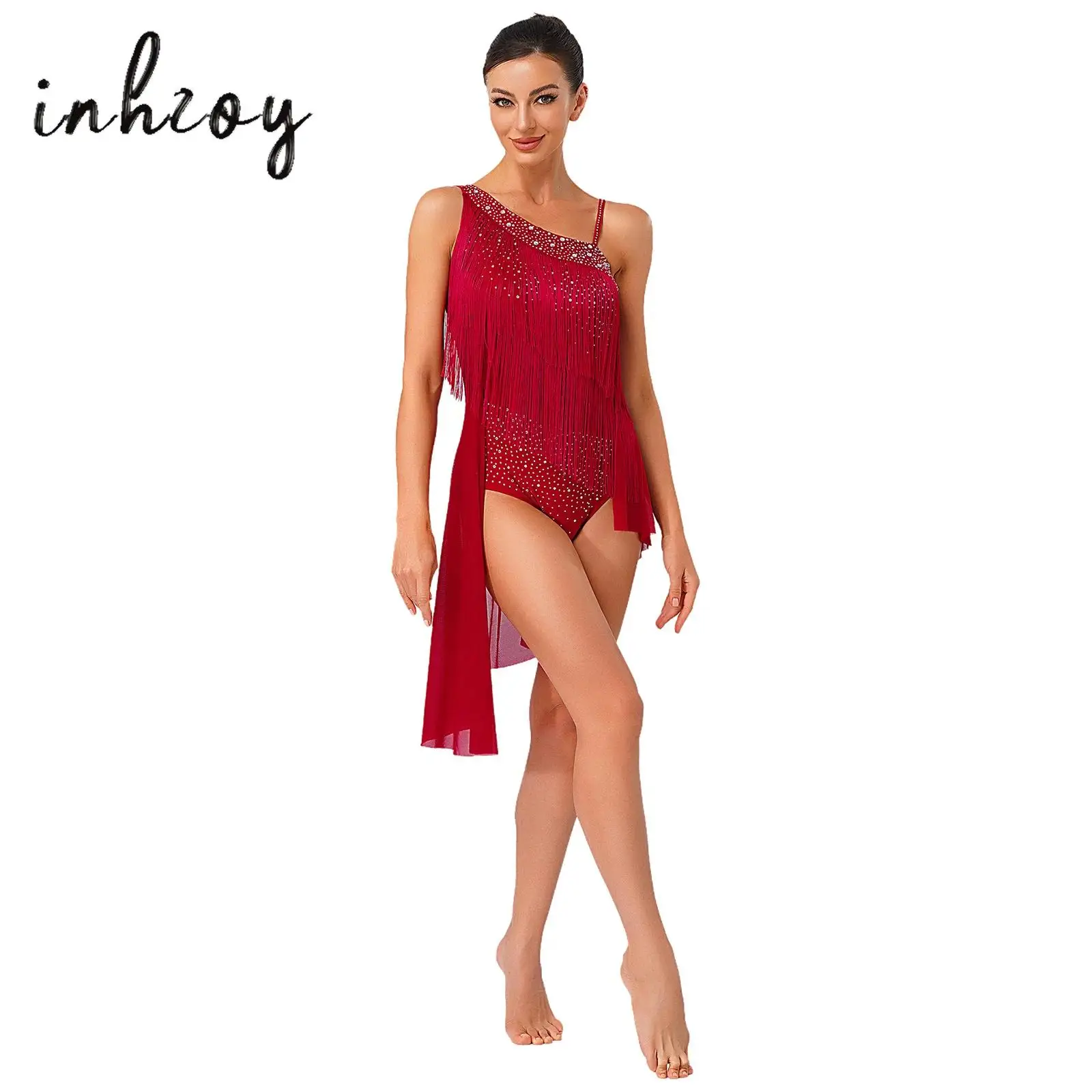 Womens Latin Tango Dance Leotard Dress Asymmetrical Shoulder Glitter Rhinestones Tassel Irregular Hem Openable Crotch Dancewear
Womens Latin Tango Dance Leotard Dress Asymmetrical Shoulder Glitter Rhinestones Tassel Irregular Hem Openable Crotch Dancewear