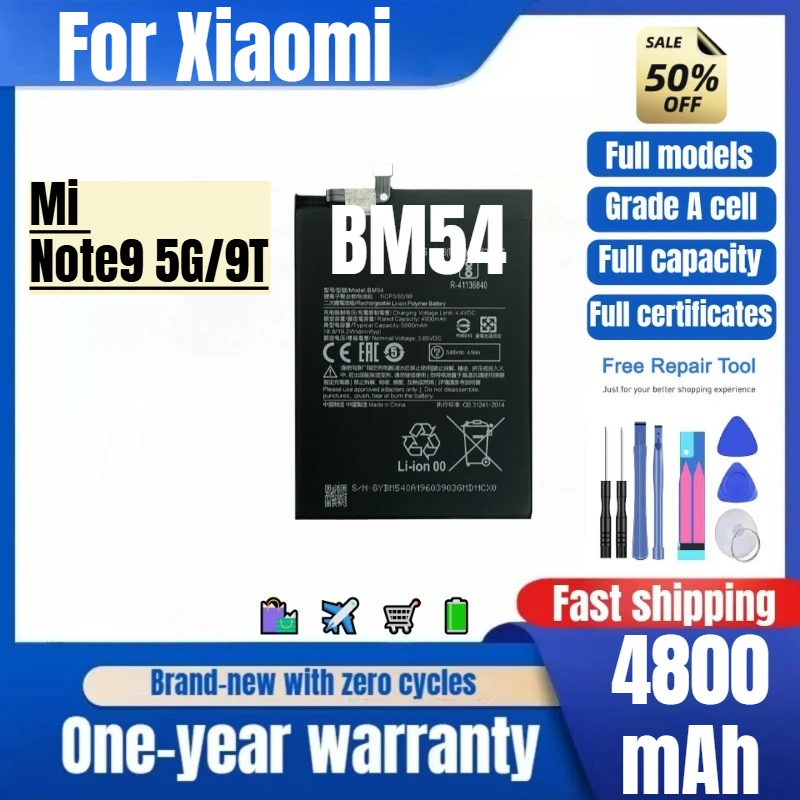 BM54 for Xiaomi Mi Note9 5G/9T Mobile Phone Battery 0 Cycle High Quality Capacity Replacement Bateria Grade A Cell with Tools
BM54 for Xiaomi Mi Note9 5G/9T Mobile Phone Battery 0 Cycle High Quality Capacity Replacement Bateria Grade A Cell with Tools