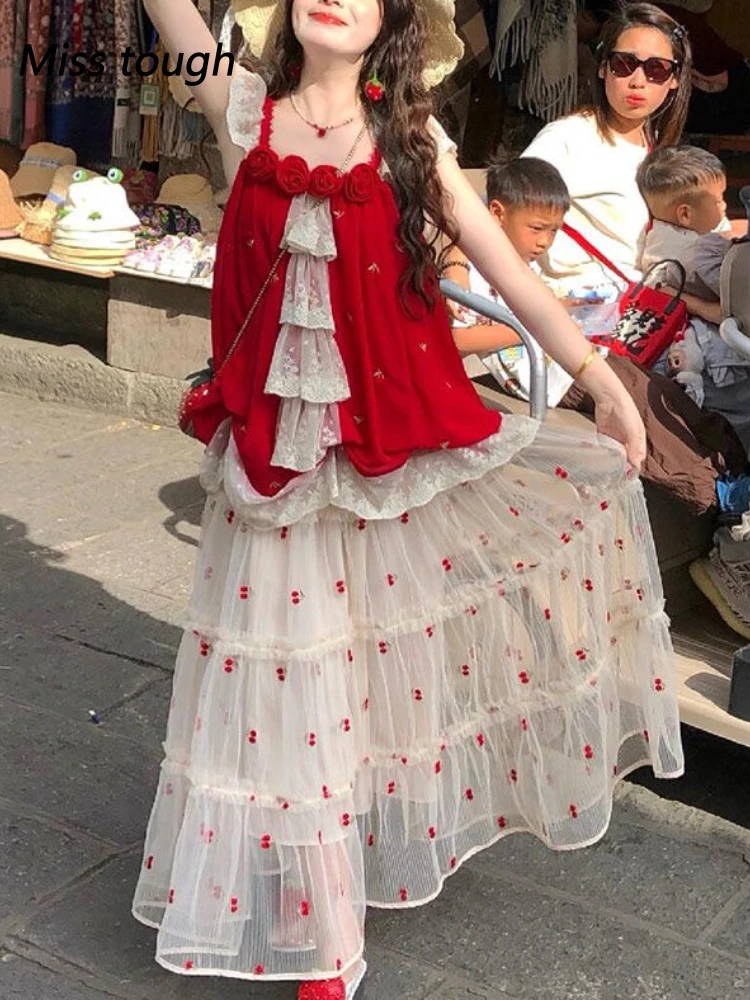 Summer Women Two Piece Set Red Sleeveless Ruffle Top White Mesh Tiered Maxi Skirt Elegant Boho Style Holiday Outfit Beachwear
Summer Women Two Piece Set Red Sleeveless Ruffle Top White Mesh Tiered Maxi Skirt Elegant Boho Style Holiday Outfit Beachwear