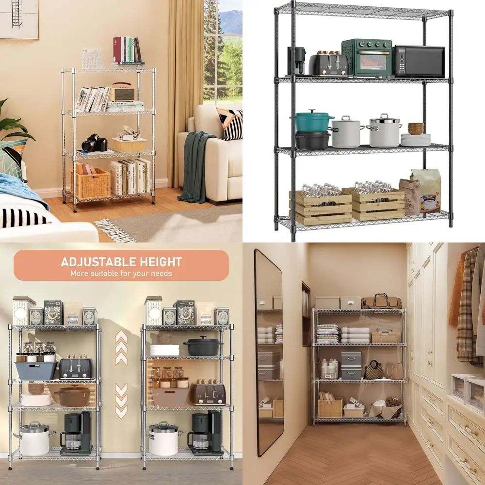4-Tier Heavy-Duty Chrome Metal Wire Shelving Rack, Adjustable Storage Unit for Garage, Pantry, Kitchen (15.8x45.3x59.4)
4-Tier Heavy-Duty Chrome Metal Wire Shelving Rack, Adjustable Storage Unit for Garage, Pantry, Kitchen (15.8x45.3x59.4)