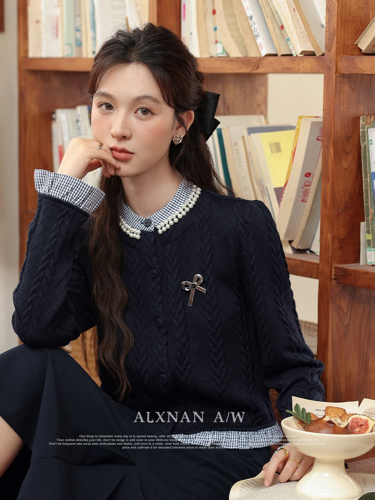 ALXNAN Women's Cardigan Navy Blue Plaid Stitching Beaded Metal Bow Flower Button Sweater fall Long Sleeve Knitted Tops VPXN31510
ALXNAN Women's Cardigan Navy Blue Plaid Stitching Beaded Metal Bow Flower Button Sweater fall Long Sleeve Knitted Tops VPXN31510