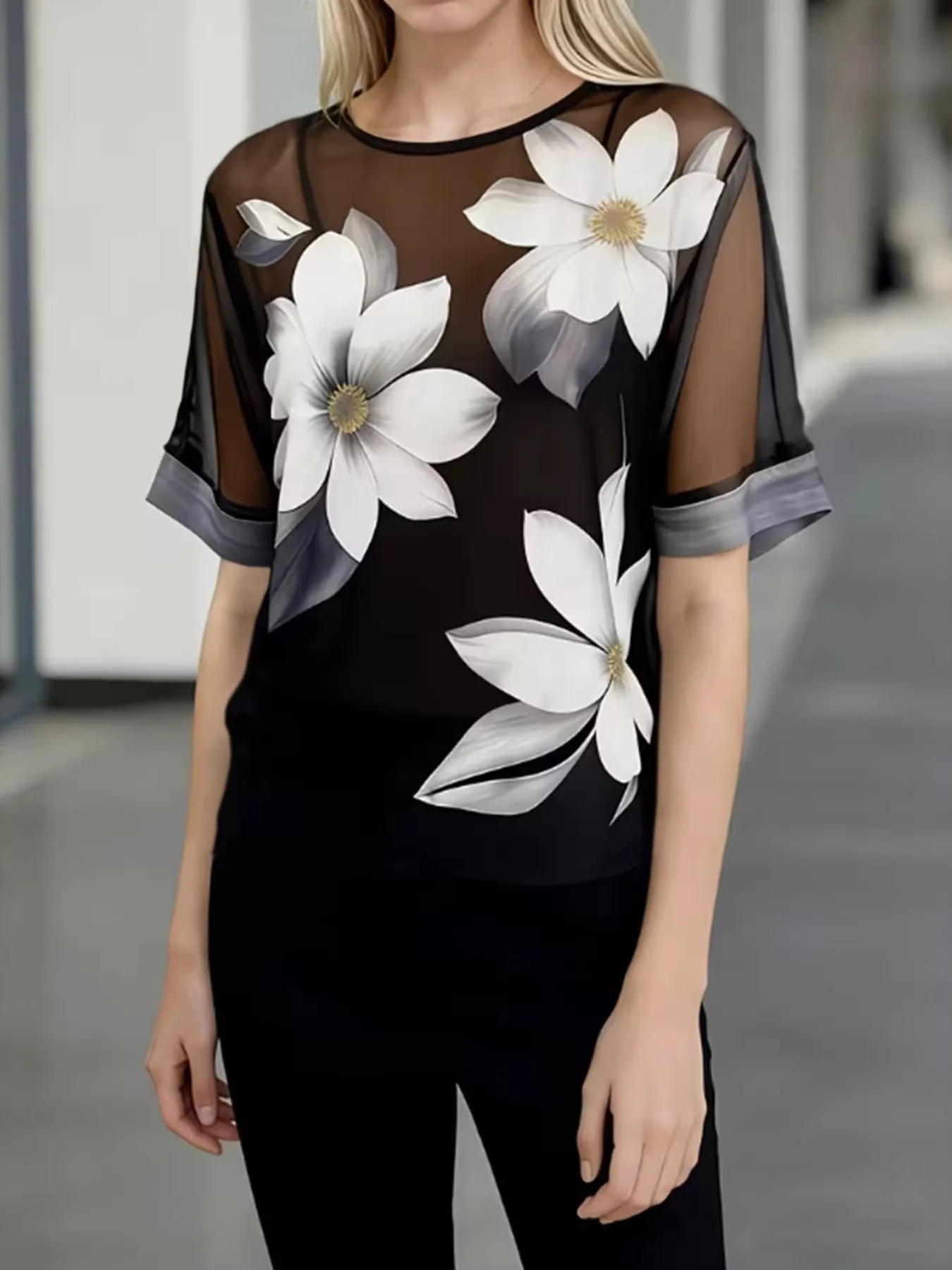 Summer Women Blouse Floral Sheer Round Neck Blouses White Flower Chiffon Blouse Black Base Oversized Top
Summer Women Blouse Floral Sheer Round Neck Blouses White Flower Chiffon Blouse Black Base Oversized Top