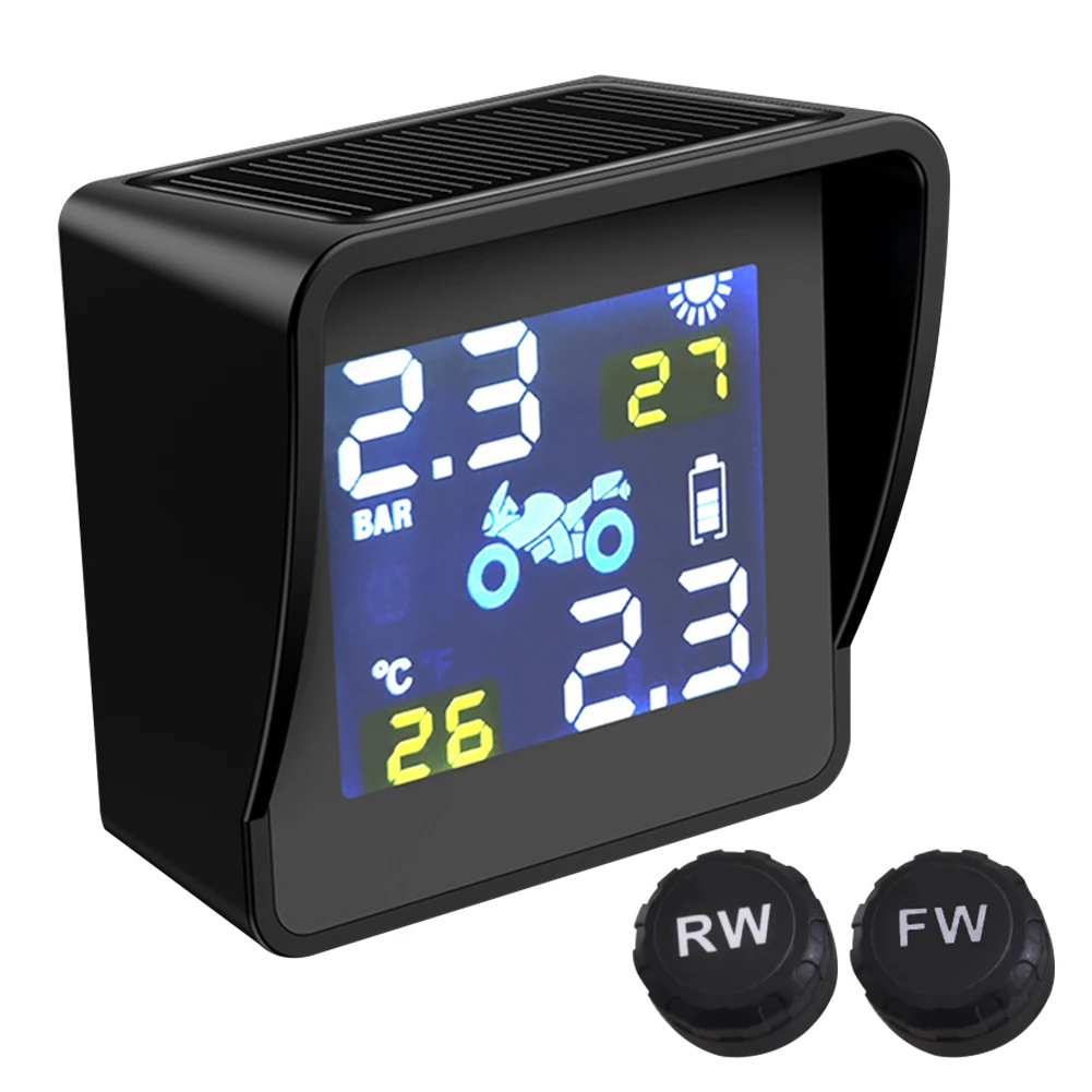 Solar Charging LCD Motorcycle TPMS Tire Pressure Tyre Temperature Monitoring Alarm System Auto Replacement Parts with 2 Sensors
Solar Charging LCD Motorcycle TPMS Tire Pressure Tyre Temperature Monitoring Alarm System Auto Replacement Parts with 2 Sensors