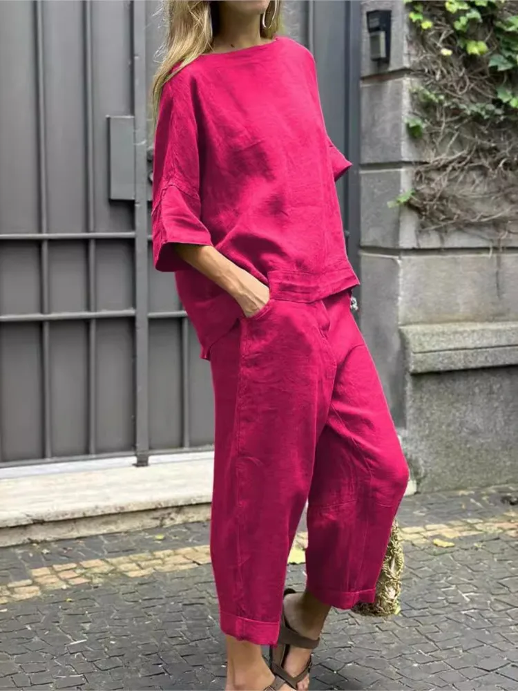 Simple Vintage Solid Color Pants Sets Women Loose Half Sleeves T Shirt Trousers Two Piece Set Casual Ladies Commuting Clothing
Simple Vintage Solid Color Pants Sets Women Loose Half Sleeves T Shirt Trousers Two Piece Set Casual Ladies Commuting Clothing