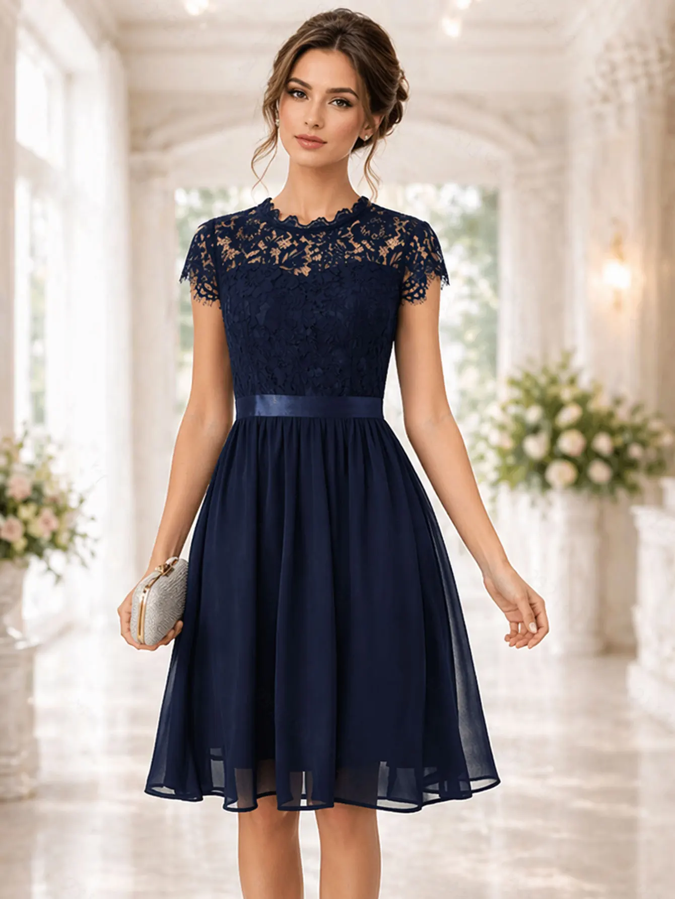 Womens Elegant Summer Crew Neck Short-sleeve Lace Midi Dress Retro For Wedding Party Chiffon Elastic Belt Dress Customized
Womens Elegant Summer Crew Neck Short-sleeve Lace Midi Dress Retro For Wedding Party Chiffon Elastic Belt Dress Customized