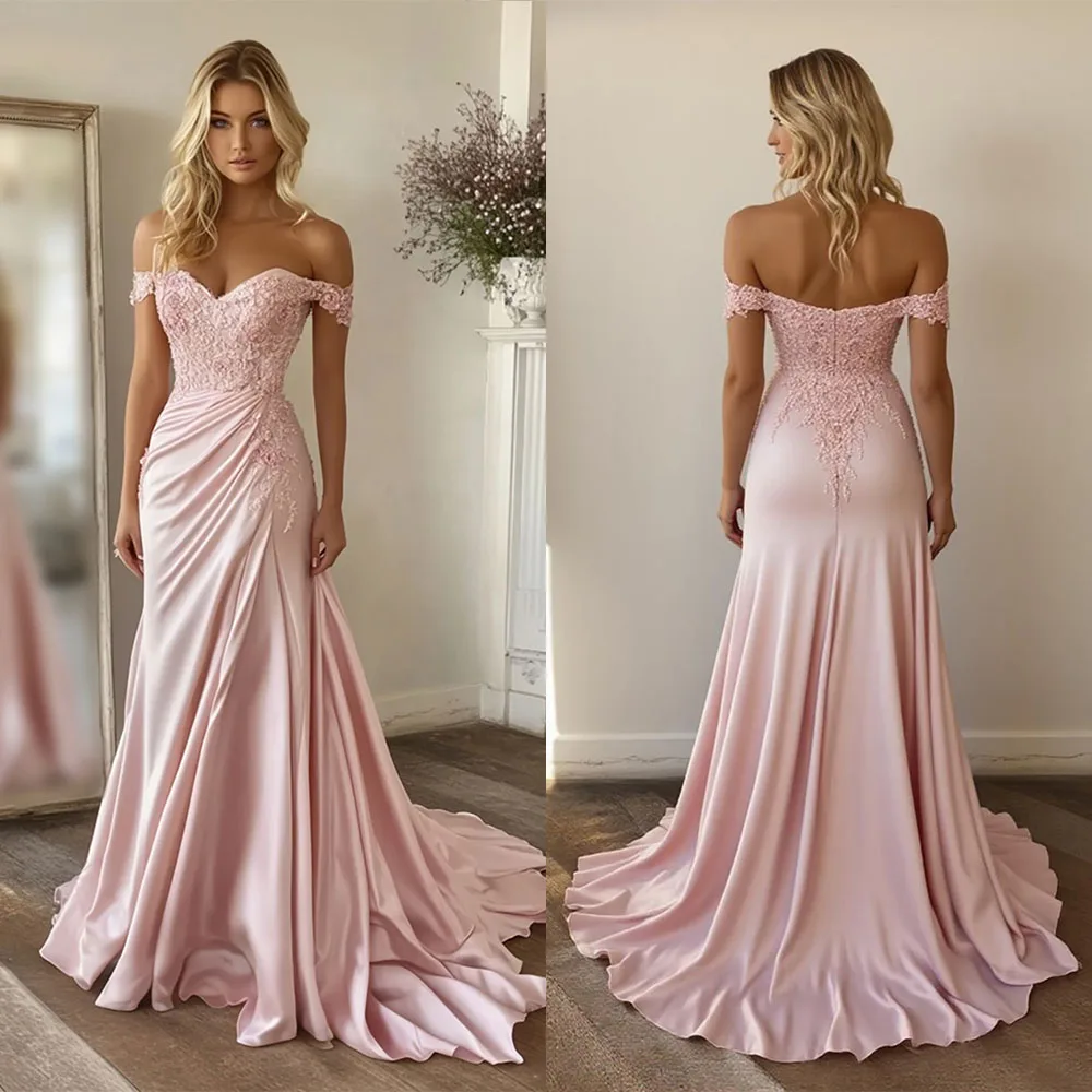 High Quality Customized V-neck Off Shoulder Appliques Pink Floor Length Sweep Train Backless Zipper Up Wrinkle Vestidos De Gala
High Quality Customized V-neck Off Shoulder Appliques Pink Floor Length Sweep Train Backless Zipper Up Wrinkle Vestidos De Gala