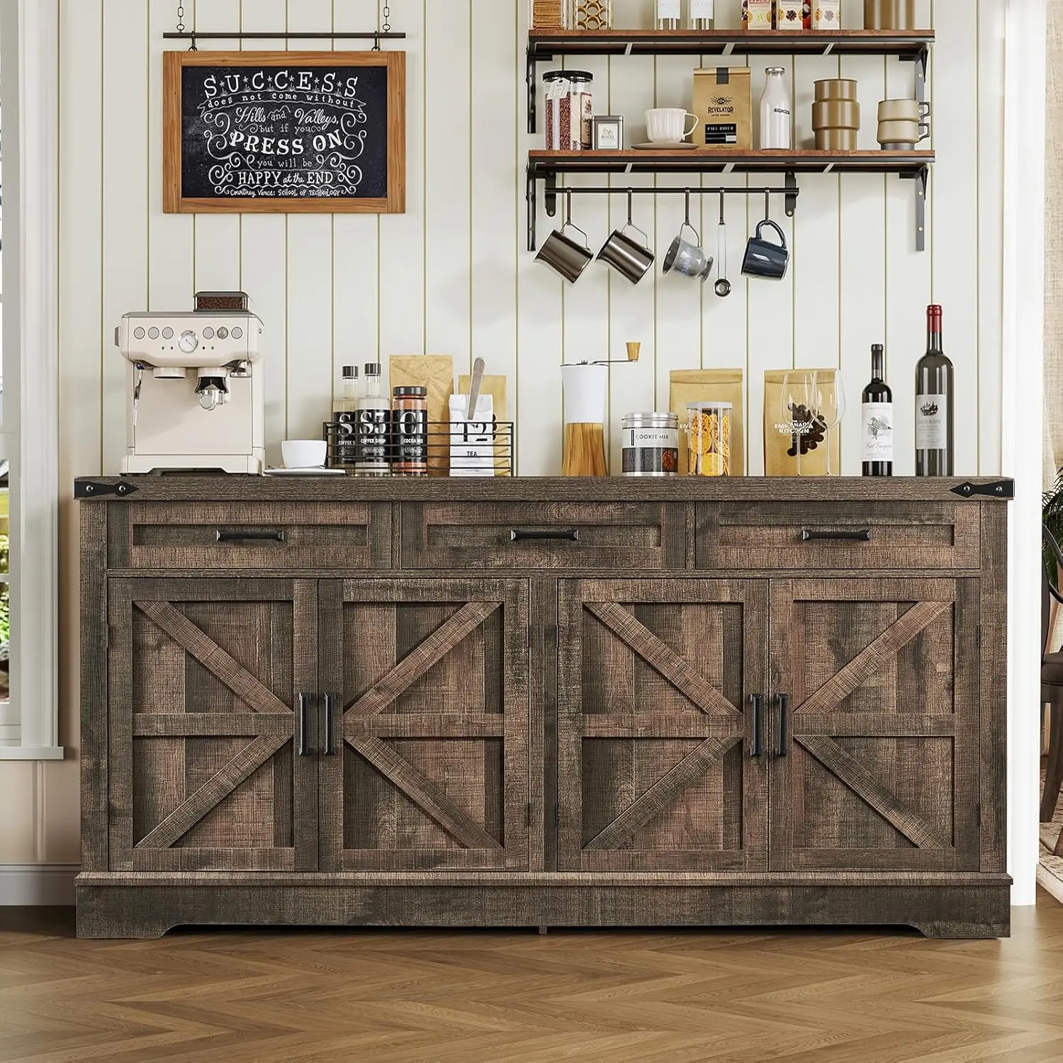 61" Buffet Cabinet 3 Drawers 4 Doors Farmhouse Coffee Bar Kitchen Living Room Storage Oak, Customized
61" Buffet Cabinet 3 Drawers 4 Doors Farmhouse Coffee Bar Kitchen Living Room Storage Oak, Customized