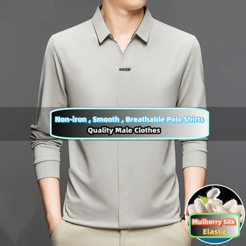 High End Mulberry Silk T-shirts Man Long Sleeve Tops Business Casual Elastic Non-iron Seamless Quality Luxurious Men Polo Shirts
High End Mulberry Silk T-shirts Man Long Sleeve Tops Business Casual Elastic Non-iron Seamless Quality Luxurious Men Polo Shirts