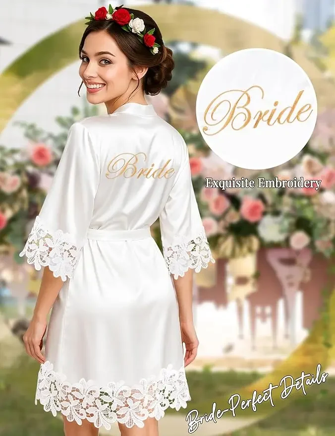 Bride Robe for Wedding Day Set Bridal Robe with Bride Sash Lace Trim Silky Embroidery Satin Kimono for Bridal Party
Bride Robe for Wedding Day Set Bridal Robe with Bride Sash Lace Trim Silky Embroidery Satin Kimono for Bridal Party