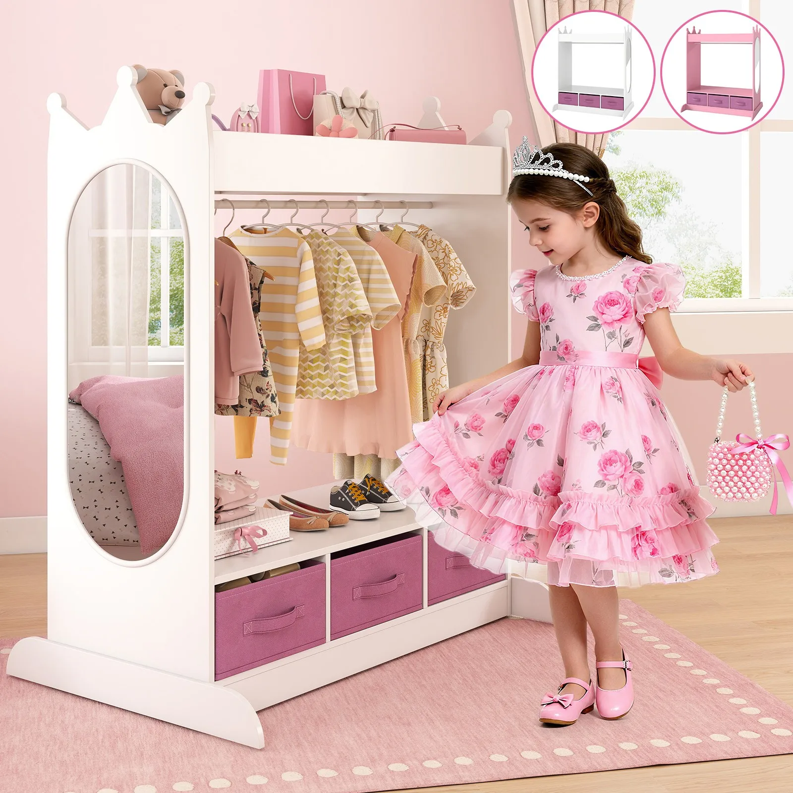 Белый/розовый детский шкаф-гардероб для костюмов с зеркалом и органайзером для хранения
Белый/розовый детский шкаф-гардероб для костюмов с зеркалом и органайзером для хранения