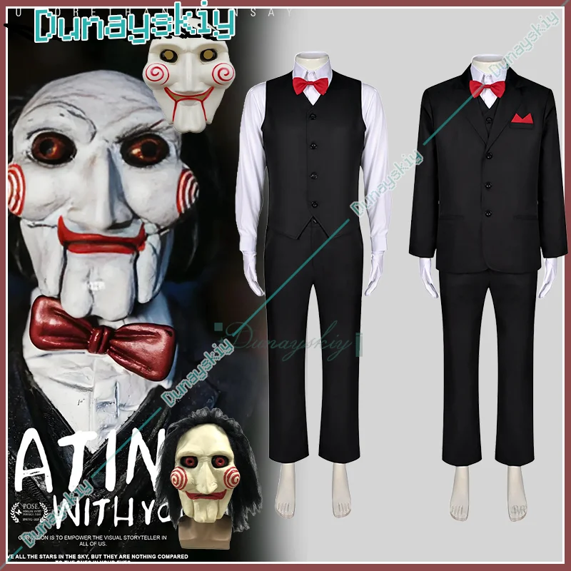 Головоломка-убийца, черный костюм, красный галстук-бабочка, маска ужаса для взрослых и мужчин, костюм ужасов на Хэллоуин
Головоломка-убийца, черный костюм, красный галстук-бабочка, маска ужаса для взрослых и мужчин, костюм ужасов на Хэллоуин