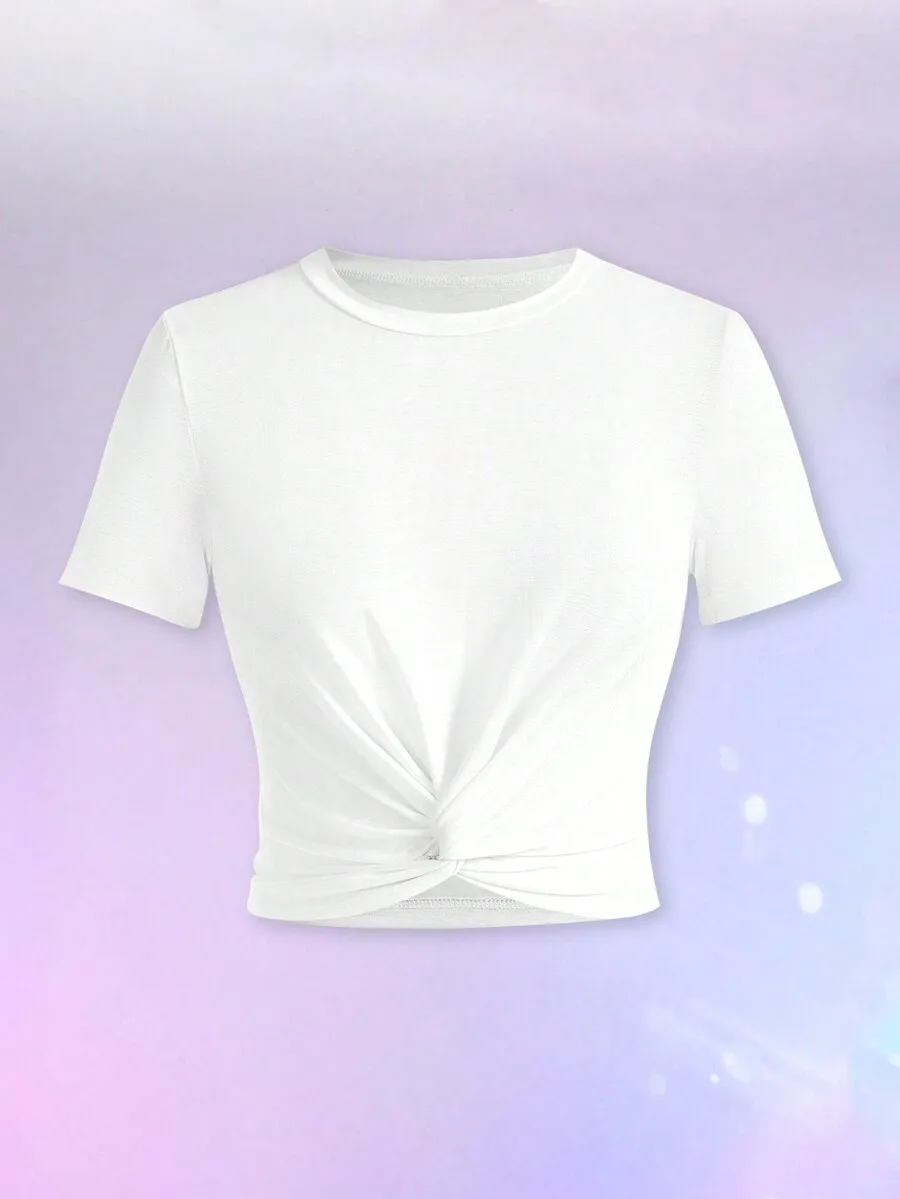 Women White Knotted Front Crop Top Short Sleeve Workout Tee
Women White Knotted Front Crop Top Short Sleeve Workout Tee