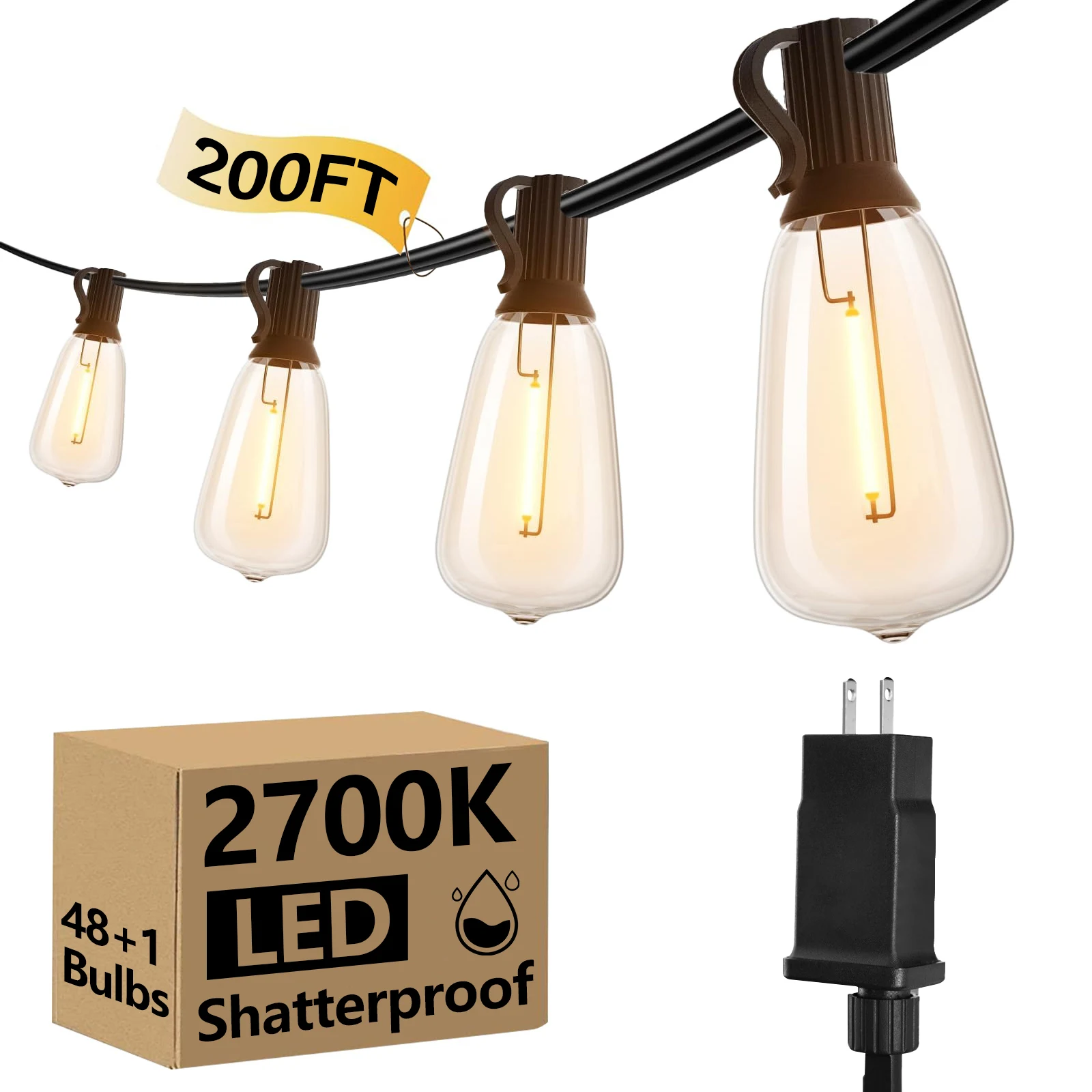 200FT ST38 LED Globe String Lights, 48 E12 Bulbs 2700K Warm White, High Voltage, Black Cable with Hooks & Replaceable Shatterpro
200FT ST38 LED Globe String Lights, 48 E12 Bulbs 2700K Warm White, High Voltage, Black Cable with Hooks & Replaceable Shatterpro