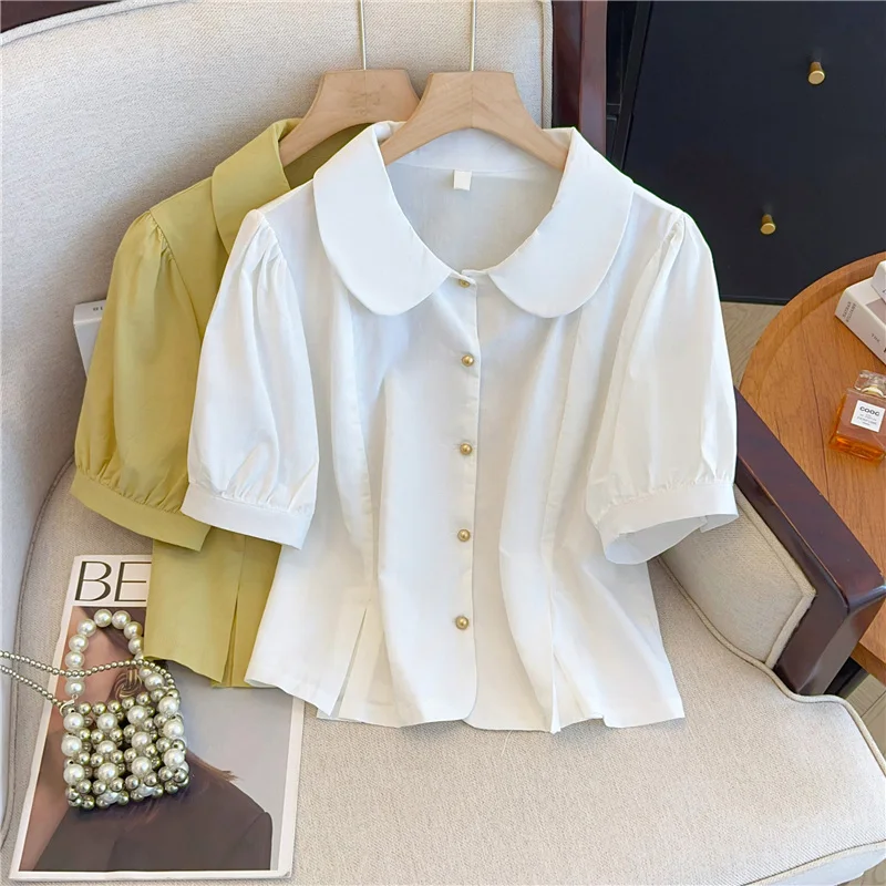Summer Women's Sweet White Shirt New Chic Peter Pan Collar Single Breasted Tops Korean Style Leisure Short Sleeve Tees
Summer Women's Sweet White Shirt New Chic Peter Pan Collar Single Breasted Tops Korean Style Leisure Short Sleeve Tees