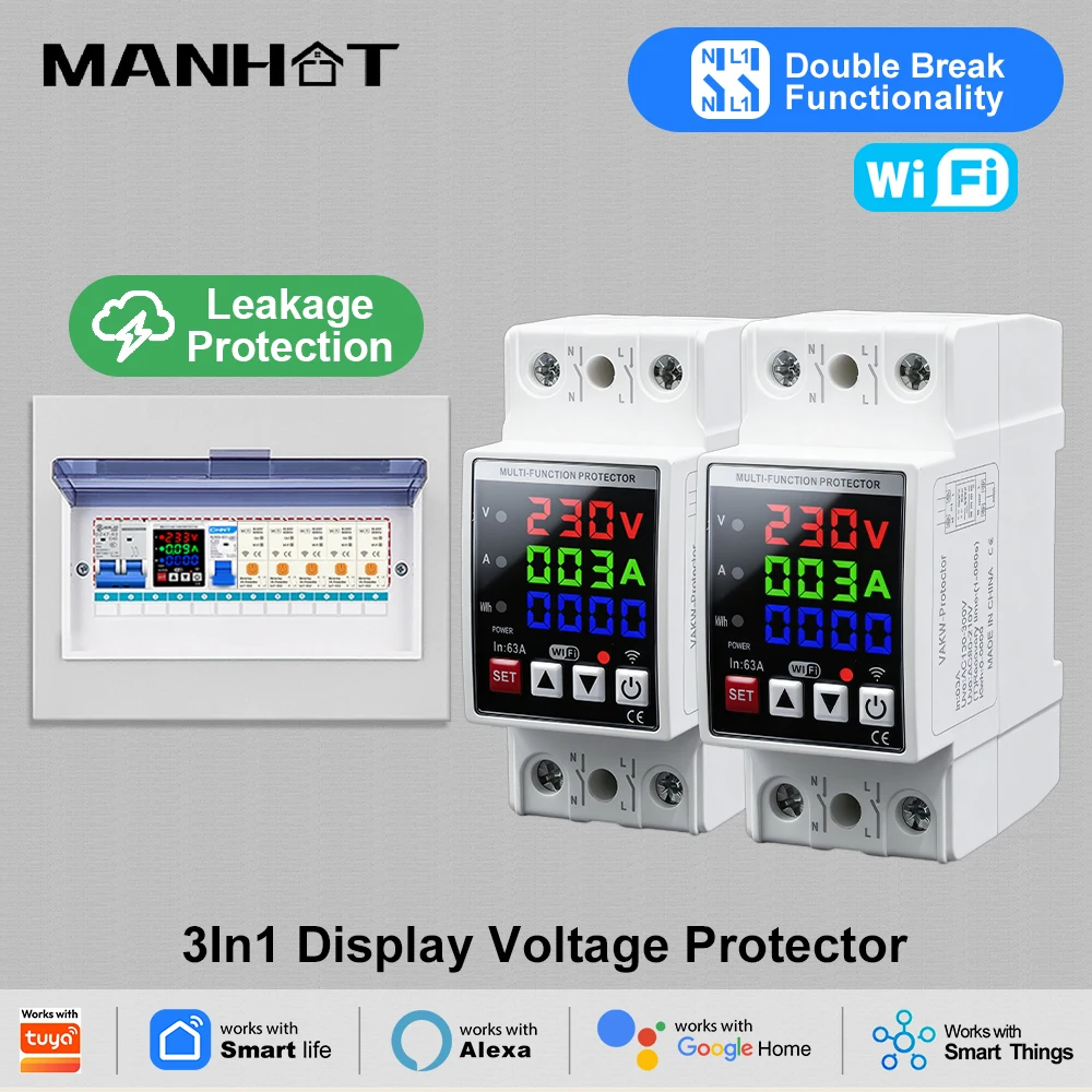 MANHOT Double Break Leakage Protection WiFi Smart Circuit Breaker 63AOver/Under Voltage APP Control Smart Life Alexa Google Home
MANHOT Double Break Leakage Protection WiFi Smart Circuit Breaker 63AOver/Under Voltage APP Control Smart Life Alexa Google Home