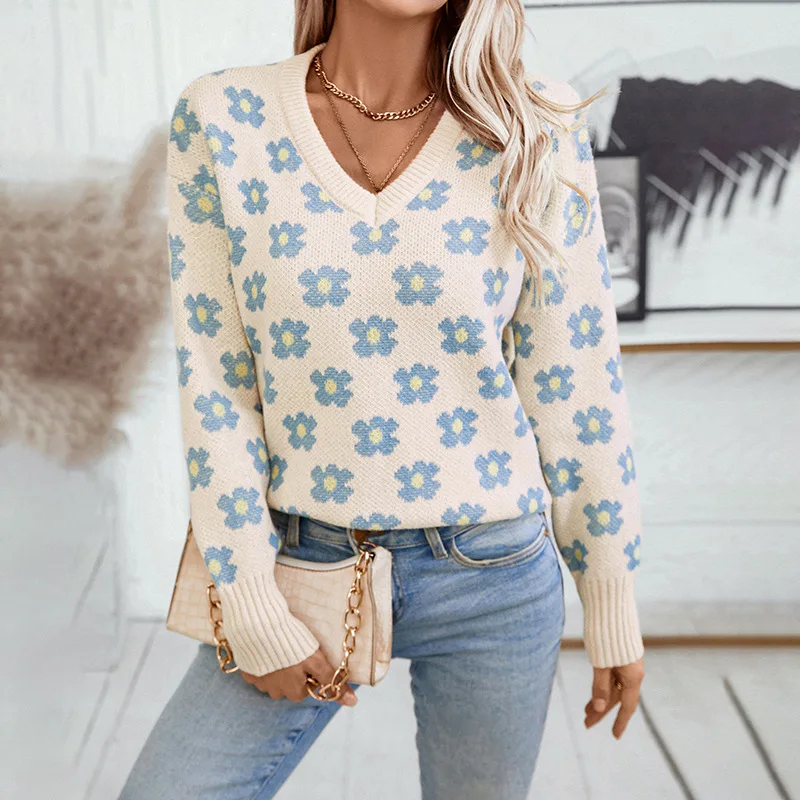 Women's Knitted Loose V-Neck Sweater Autumn Winter New Style Floral Color Block Sweet Style Cotton Thread Long Sleeve Top
Women's Knitted Loose V-Neck Sweater Autumn Winter New Style Floral Color Block Sweet Style Cotton Thread Long Sleeve Top