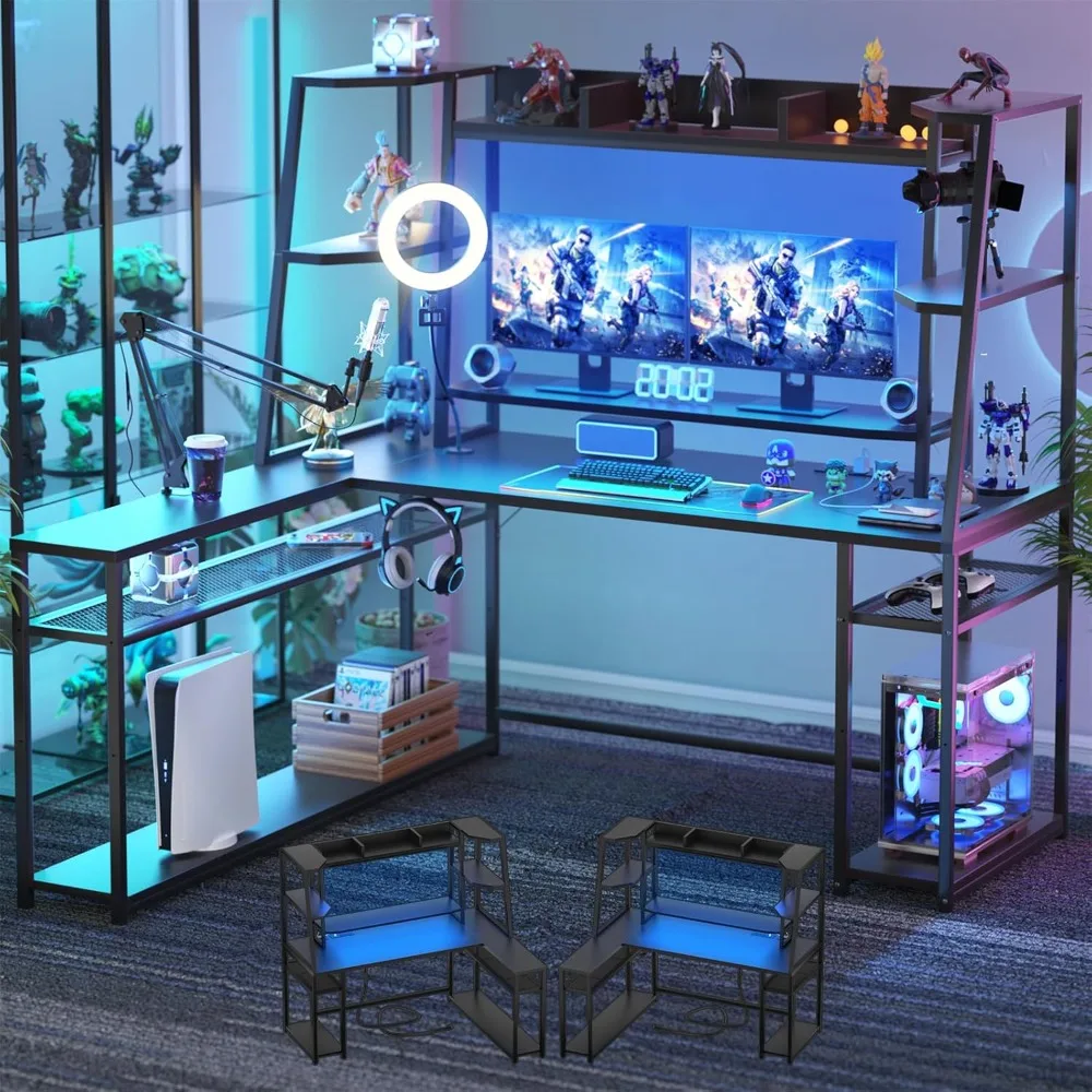 63'' L Shaped Gaming Desk with LED Lights & Power Strips, Reversible Gaming Table Desk with Hutch, L-Shaped PC Gaming Desk
63'' L Shaped Gaming Desk with LED Lights & Power Strips, Reversible Gaming Table Desk with Hutch, L-Shaped PC Gaming Desk