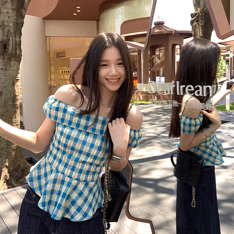 Blue Plaid Floral Off-shoulder Shirt Women's Summer Holiday Spicy Sweet Chic Top
Blue Plaid Floral Off-shoulder Shirt Women's Summer Holiday Spicy Sweet Chic Top
