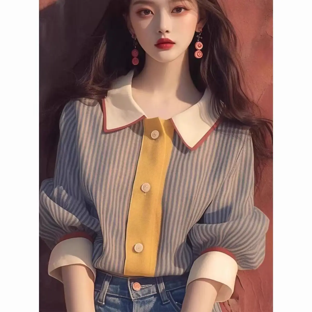 Temperament Striped Contrast Blouse Polo Neck Long Sleeve Patchwork Trend Shirt Tops Spring Autumn Fashion Elegant Women Clothes
Temperament Striped Contrast Blouse Polo Neck Long Sleeve Patchwork Trend Shirt Tops Spring Autumn Fashion Elegant Women Clothes