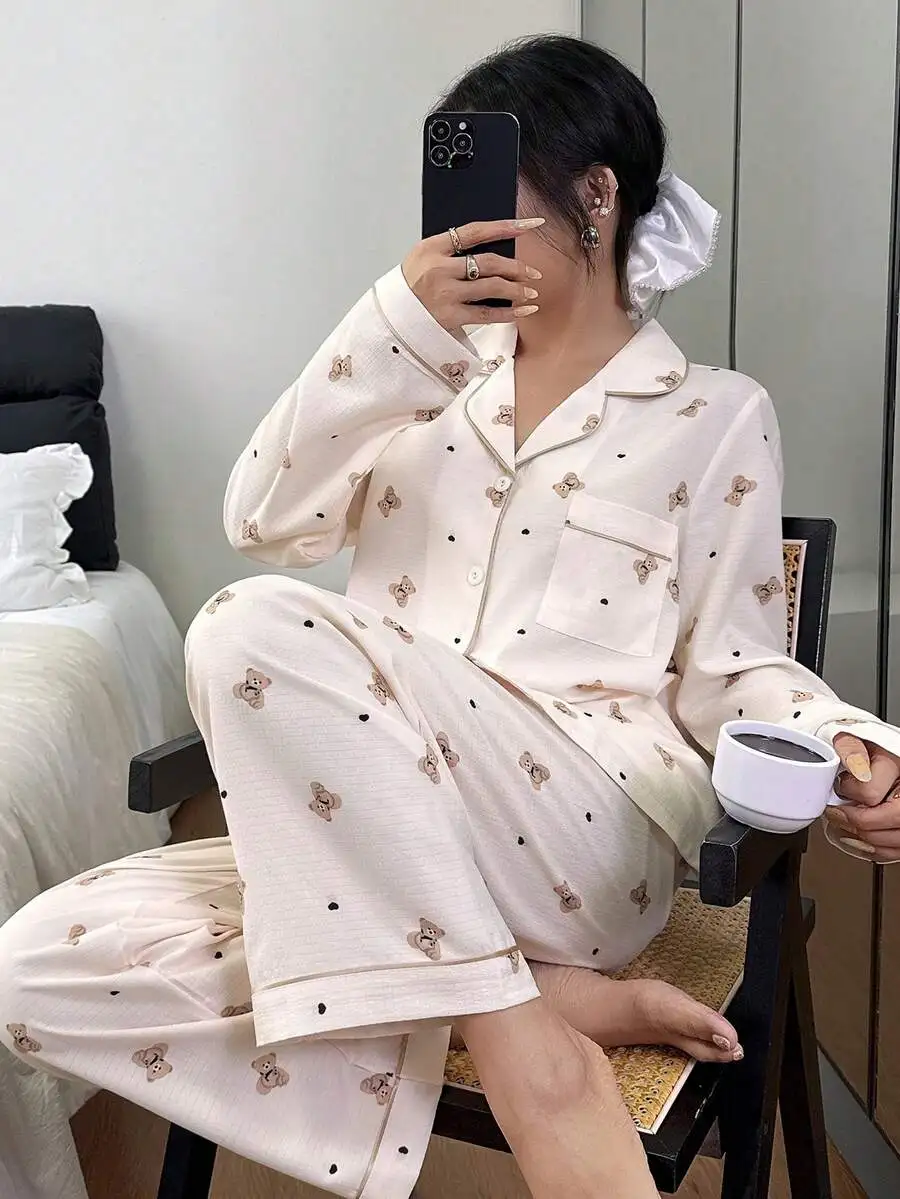 Women Bear Print Lapel Pajama Set Soft Cotton Sleepwear Fall Winter
Women Bear Print Lapel Pajama Set Soft Cotton Sleepwear Fall Winter