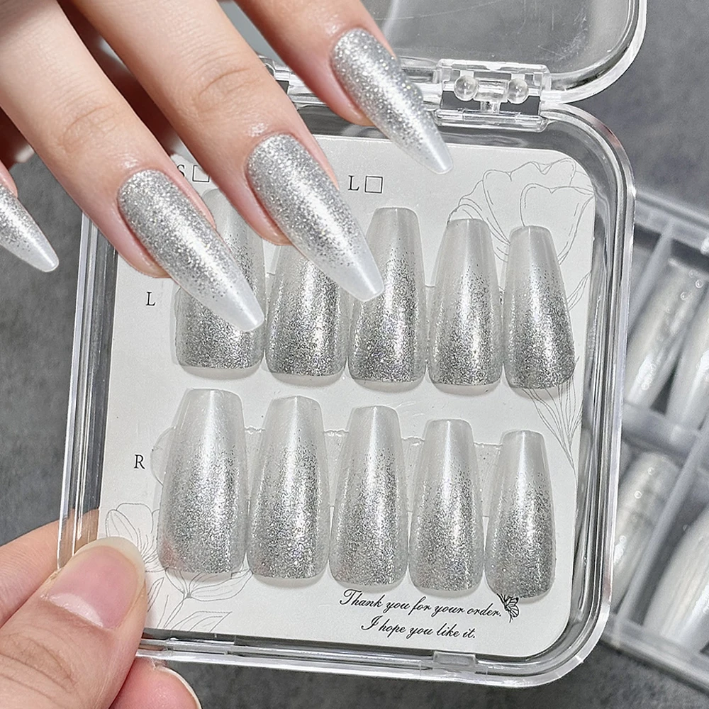 120Pcs Silver Gray Glitter Power Fake Nails Tip Sequin Long Ladder Press On False Nails Star River Handmade Luxury Wearable Nail
120Pcs Silver Gray Glitter Power Fake Nails Tip Sequin Long Ladder Press On False Nails Star River Handmade Luxury Wearable Nail