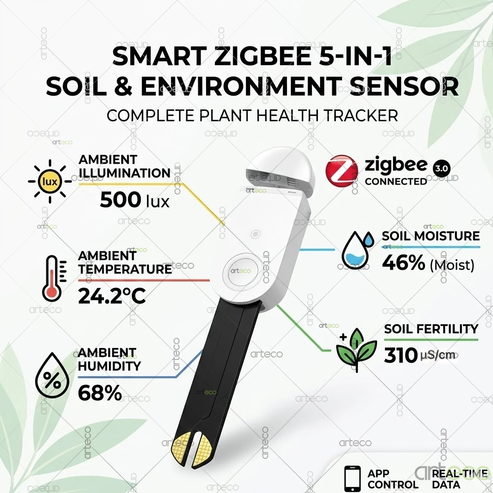 Zigbee 3.0 Soil Tester 5 in 1 Soil Moisture Sensor Temperature Humidity Fertility Illuminiance Meter for Home Assistant Z2M Tuya
Zigbee 3.0 Soil Tester 5 in 1 Soil Moisture Sensor Temperature Humidity Fertility Illuminiance Meter for Home Assistant Z2M Tuya