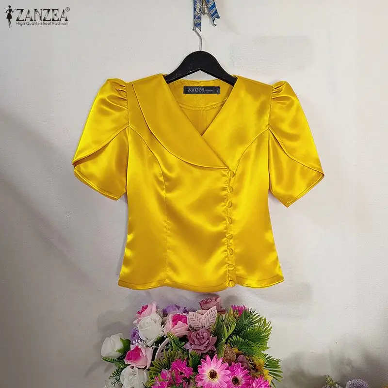 ZANZEA Woman Satin Party Shirts Elegant Lapel Collar Asymmetric Placket Short Petal Sleeve Tops Summer Vintage Chemises Femme
ZANZEA Woman Satin Party Shirts Elegant Lapel Collar Asymmetric Placket Short Petal Sleeve Tops Summer Vintage Chemises Femme